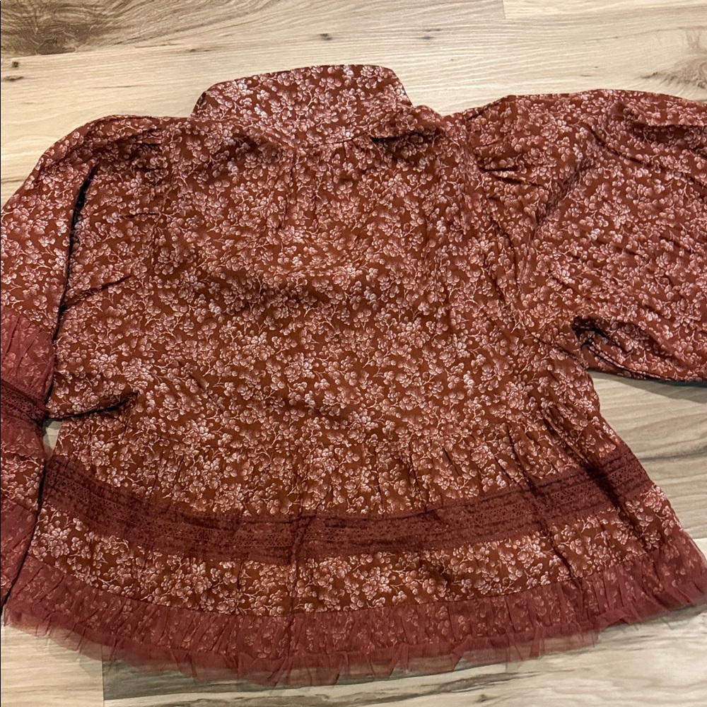 Anthropologie Burgundy Floral Ruffle Blouse - Picture 7 of 8